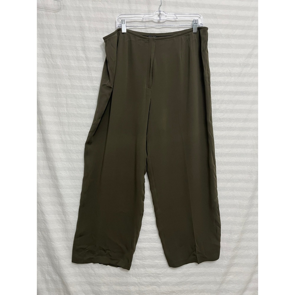 Eileen Fisher Silk Blend Wide Leg Pants 1X Olive Green Crepe Trousers Soft Flowy
